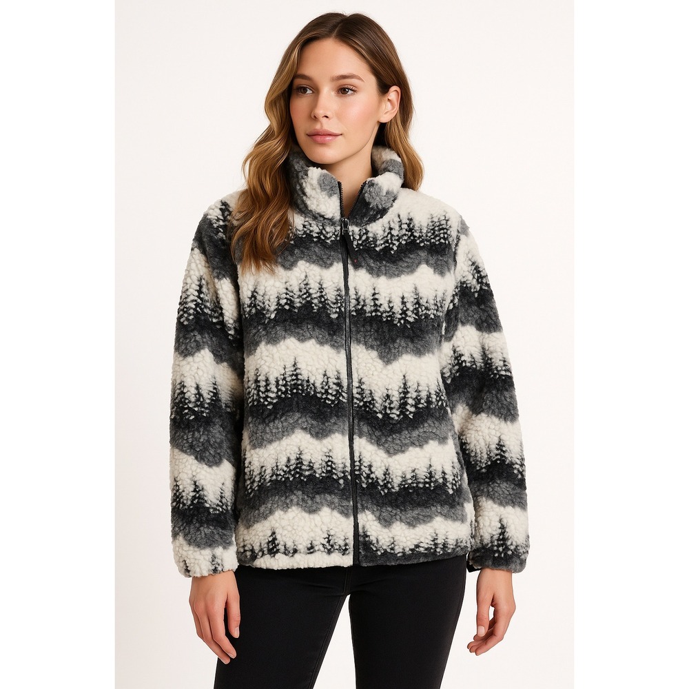 Coastlines Fleece Jacket Womens M White Gray Sherpa‎ Forest Fuzy Warm Winter VTG